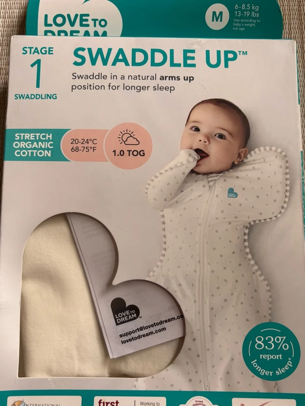 Love to Dream White Swaddle Up with Teal Logo and Gray Star Print